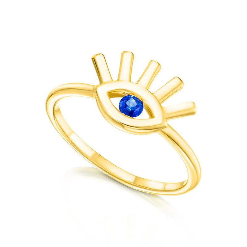 Eye-shaped blue sapphire ring in gold with diamonds