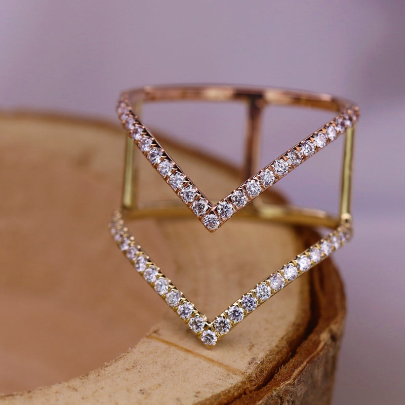 V Shape Ring in Gold with Diamonds